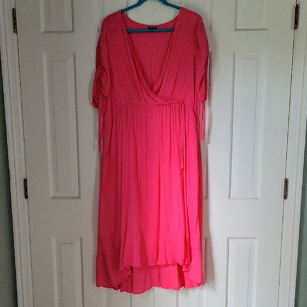 Torrid Pink Short Sleeve Ruffled Faux Wrap Maxi Dress Swiss Dot Sz 2 Sz 2x